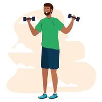 black man lifting weights in front of clouds vector design