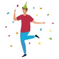 Hombre bailando con gorro de fiesta y confeti diseño vectorial vector