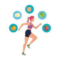 young athletic woman running with healthy icons vector