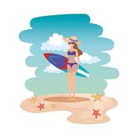 beautiful girl with swimsut and surfboard on the beach vector