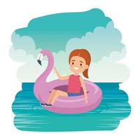 linda niña dama con flotador flamenco en el mar vector