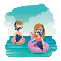 pareja de niños pequeños con flotadores y esnórquel en el mar vector