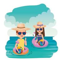 little kids couple with floats and balloons in the sea vector