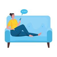 mujer con smartphone para reunirse en línea en el sofá vector
