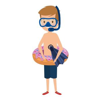 cute little boy with donut float and snorkel vector