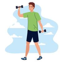 Man lifting weights in front of clouds vector design