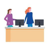 women working in desk with computer vector