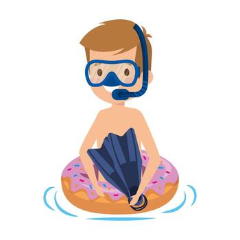 cute little boy with donut float and snorkel vector