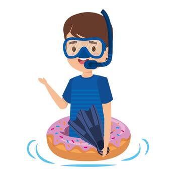 cute little boy with donut float and snorkel vector