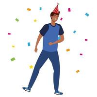 Hombre negro bailando con gorro de fiesta y diseño vectorial de confeti vector