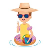 cute little boy with donut float and beach balloon vector