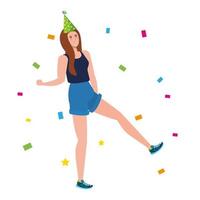 Mujer bailando con gorro de fiesta y confeti diseño vectorial vector