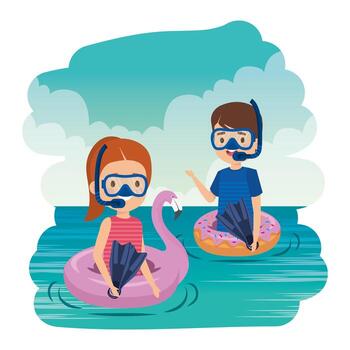 little kids couple with floats and snorkels in the sea vector