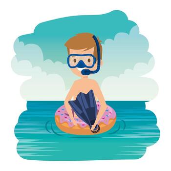 niño lindo con flotador de donas y snorkel en el mar vector