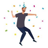 Hombre bailando con gorro de fiesta y confeti diseño vectorial vector