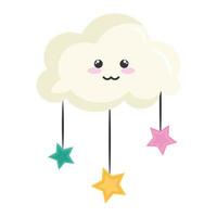 nube con estrellas colgando personaje kawaii vector