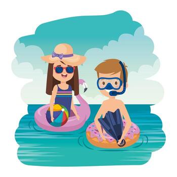 little kids couple with snorkel and balloon on the sea vector