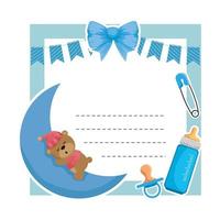 baby shower card with bear sleeping in moon vector