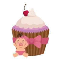 cute little baby girl with sweet cupcake vector