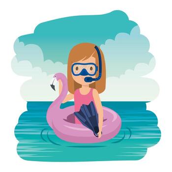 little girl with flemish float and snorkel on the sea vector