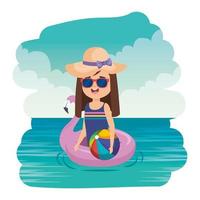 niña con flotador flamenco y globo de playa en el mar vector