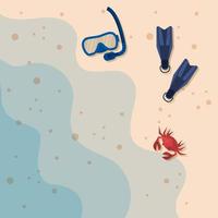 diving fins and snorkel with crab on the beach vector