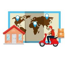 worker of delivery service in motorcycle with house and map vector