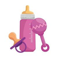 baby milk bottle with pacifier and maraca vector