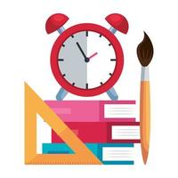 pile textbooks with alarm clock and paint brush vector