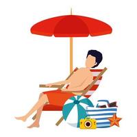 young man with swimsuit seated in beach chair with summer icons vector