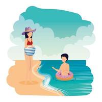 young couple with float and handbag on the beach vector