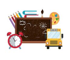 school chalkboard with alarm clock and bus vector