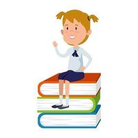 happy student girl seated in pile text books vector