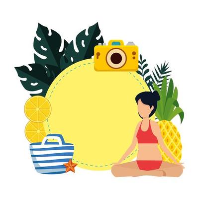 woman with swimsuit practicing yoga and summer icons