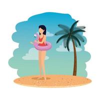 Bella mujer con flotador flamenco en la playa vector