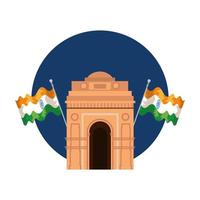 Monumento de arco de puerta india con banderas vector