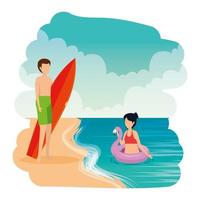 young couple with float and surfboard on the beach vector