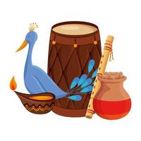 indian drum with candle and peacock vector