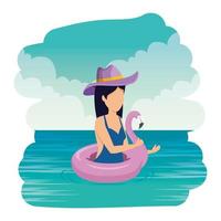 Bella mujer con flotador flamenco nadando en el mar vector