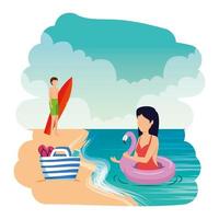 young couple with float and surfboard on the beach vector