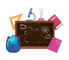 school chalkboard with schoolbag and supplies vector