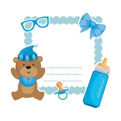 baby shower card with bear teddy and bottle milk