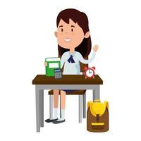 happy student girl with supplies seated in school desk vector