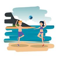 happy athletic couple practicing volleyball on the beach vector