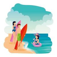 young people with swimsuit and surfboard on the beach vector