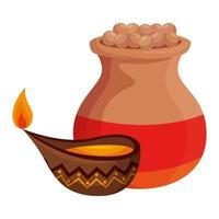 Jarra de cerámica india con comida y velas vector