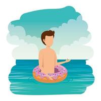 young man with swimsuit and float donut on the sea vector