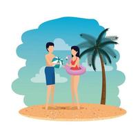 young couple with balloon and float on the beach vector