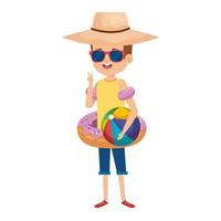 lindo niño con flotador de rosquilla y globo de playa vector