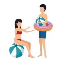 young couple with swimsuit and balloon and float vector